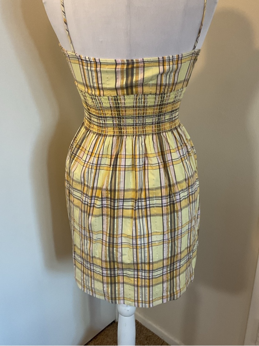 Fabiola Yellow Plaid Sundress Small Smocked Waist V-Neck Cotton Blend Summer - Picture 5 of 5